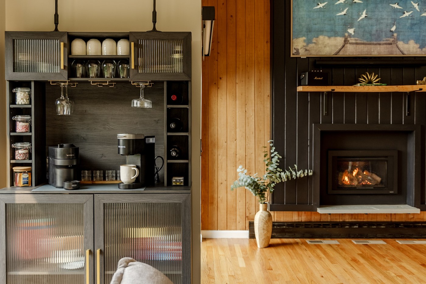 Coffee and wine bar station beside the fireplace
